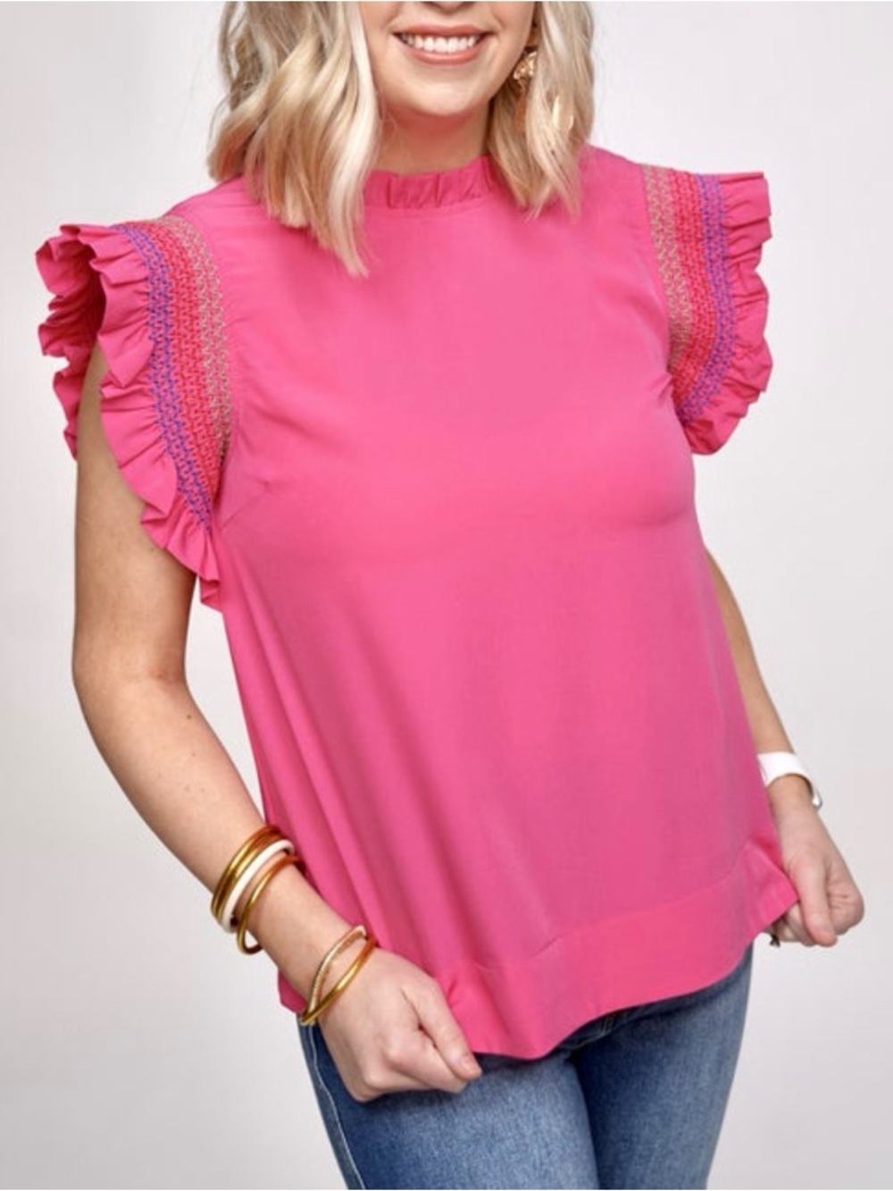JODIFL Bright Pink Ruffle Sleeve Blouse